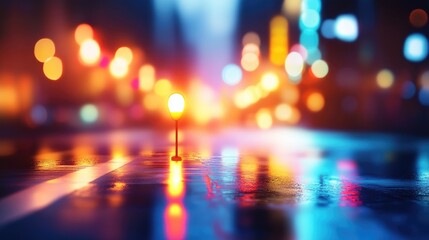 Urban night scene depicting blurred city lights with reflections on wet pavement, highlighting a geolocation navigation concept with space for text.