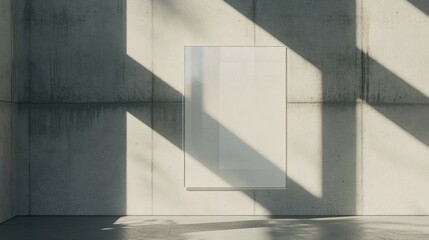 Fototapeta premium Minimalist mockup of a blank poster on a textured concrete wall, with dramatic sunlight casting sharp shadows across the surface.