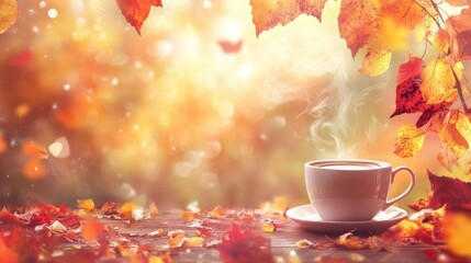 Cozy autumn and winter banner showcasing a steaming cup of coffee on a table surrounded by vibrant autumn leaves and a warm, blurred background.