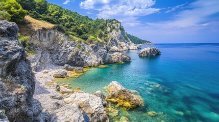 Scenic Coastal View with Diverse Rock Formations and Serene Blue Waters Under a Bright Sky