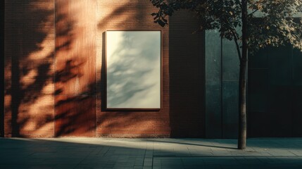 Urban building exterior showcasing a blank product advertisement banner surrounded by shadows of nearby trees and a serene sidewalk atmosphere.