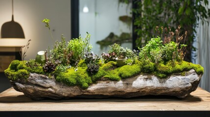 Moss-Covered Log with Vibrant Greenery Ideal for Product Display and Creative Montages