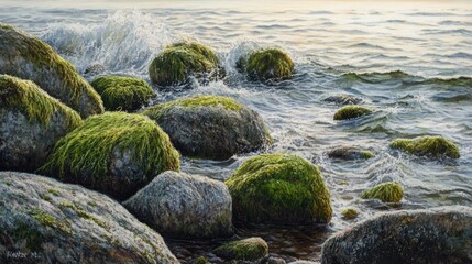 Moss-Covered Rocks on a Tranquil Shoreline with Gentle Waves Splashing Against the Smooth Stones Under Soft Lighting