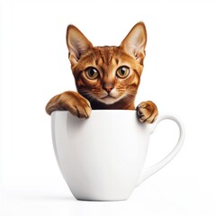 A playful arabian mau cat peeks out of a large white coffee mug.