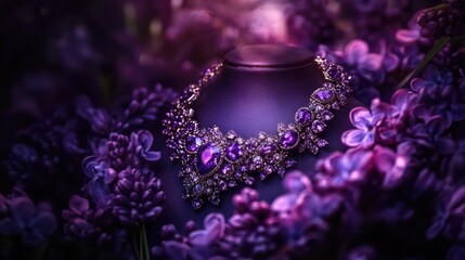 Fototapeta premium Lilac Elegance Exquisite Jewelry Adorned with Sparkling Purple Gems Set Amidst a Lush Sea of Purple Flowers