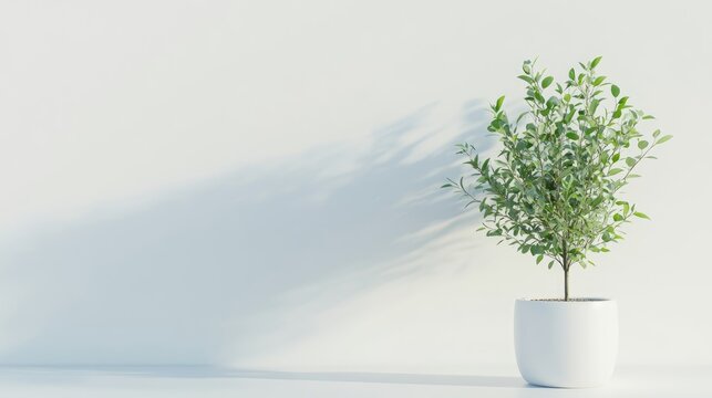 Modern minimalist white desk with a solitary green plant in a sleek pot, complemented by a clean white background for effective mockup use.