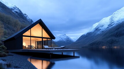 Fototapeta premium Modern house by a serene lake surrounded by mountains at dusk.