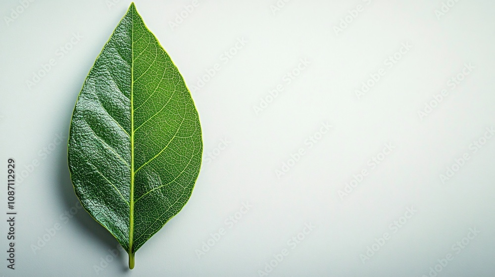 Poster Isolated on white background single bay leaf placed diagonally to highlight its smooth surface and side empty space for text Stockphoto style