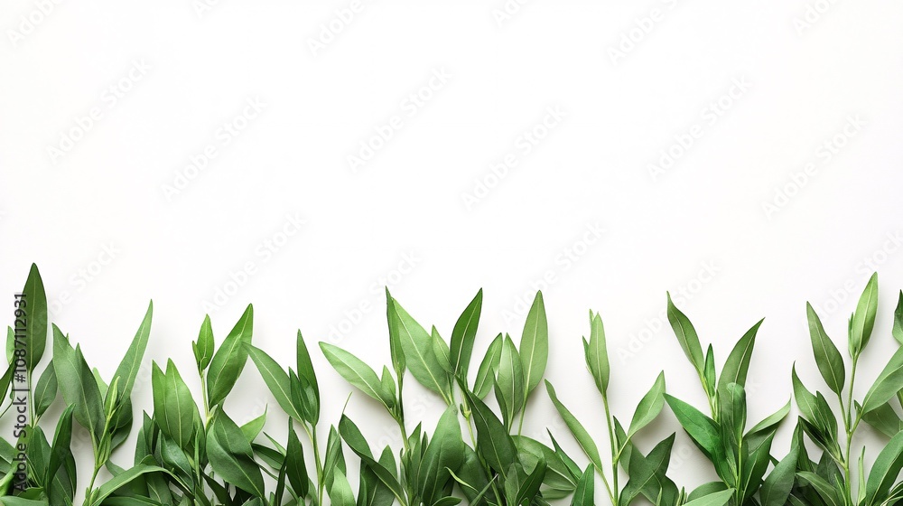 Aufkleber Isolated on white background fresh tarragon with slender stems and narrow pointed leaves arranged symmetrically and side empty space for text Stockphoto style
