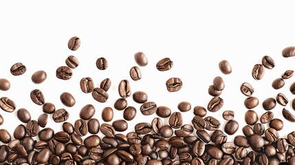 Obraz premium Freshly Roasted Coffee Beans Falling on White Background, Capturing the Rich Aroma and Texture of Quality Coffee for a Gourmet Appeal
