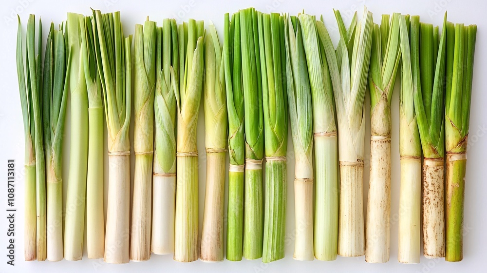 Poster Isolated on white background lemongrass stalks with pale green and white gradient cut cleanly and arranged parallel with side empty space for text Stockphoto style