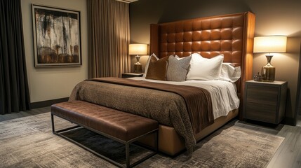Stylish modern bedroom with a brown leather headboard bed, chic bench, and elegant decor in a trendy loft-inspired interior setting.