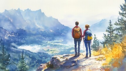 Obraz premium Serene Watercolor Illustration of a Couple Stopping to Enjoy the View of Majestic Mountains and Lush Nature in a Peaceful Landscape