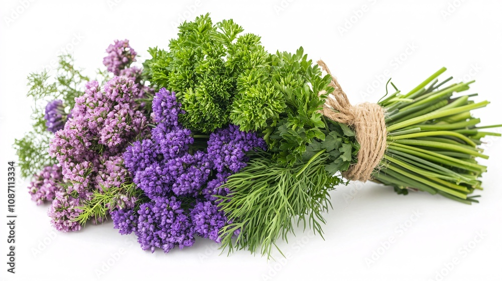 Poster isolated on white background small bouquet of fresh mixed herbs including parsley dill and chives ti
