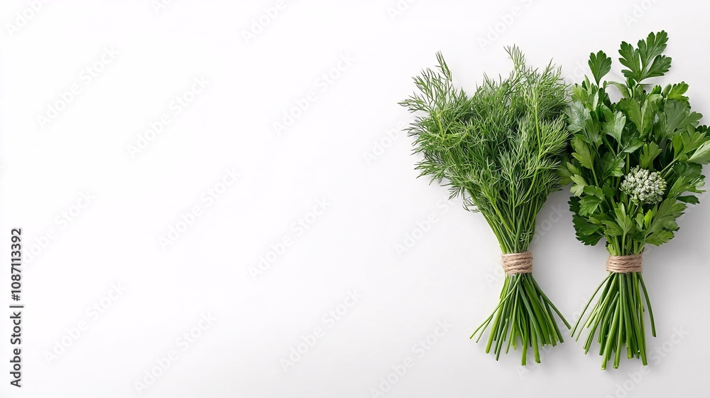 Poster isolated on white background small bouquet of fresh mixed herbs including parsley dill and chives ti
