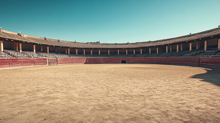 Fototapeta premium Empty Spanish bullfight arena with circular architecture, sandy floor, and clear blue skies, symbolizing tradition and culture