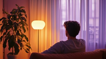 Man Closing Curtains in Living Room, Warm Lighting, and Indoor Plant Creating Cozy and Relaxing Atmosphere in Evening Setting, Inviting Serenity and Introspection