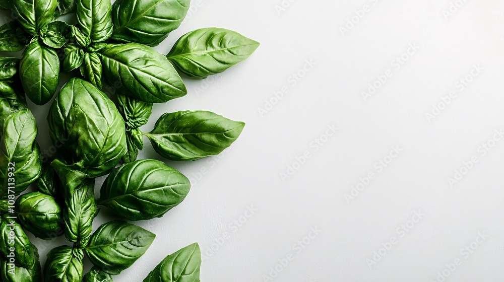 Aufkleber isolated on white background basil leaves stacked atop one another showcasing their smooth texture a