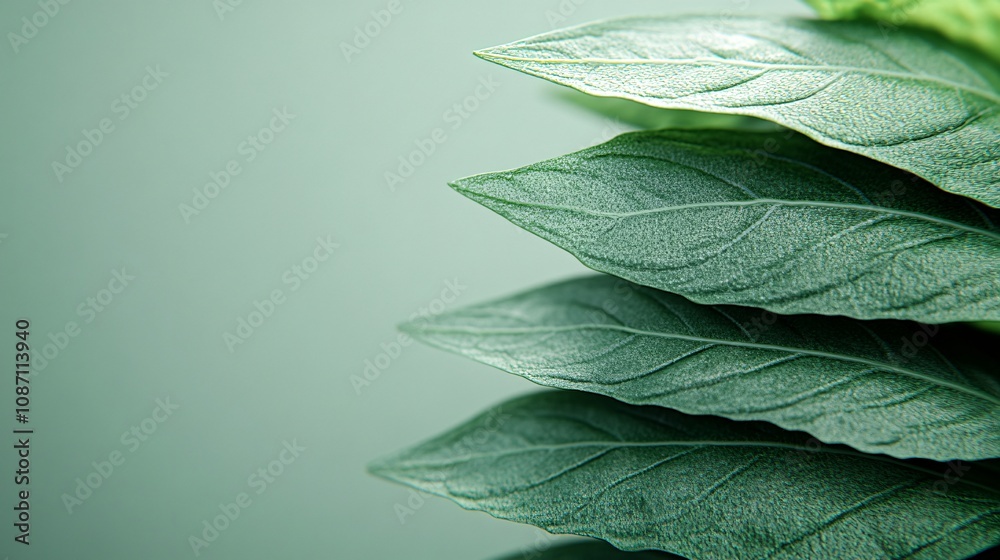 Poster Isolated on white background basil leaves stacked atop one another showcasing their smooth texture and rich green tone with side empty space for text Stockphoto style