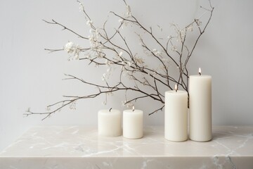 White candles on a marble table with branches of  flowers against a light gray background. Simple composition and elegant atmosphere concept.