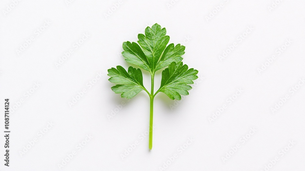 Aufkleber Isolated on white background single parsley leaf centered for a minimalist fresh herb focus and side empty space for text Stockphoto style