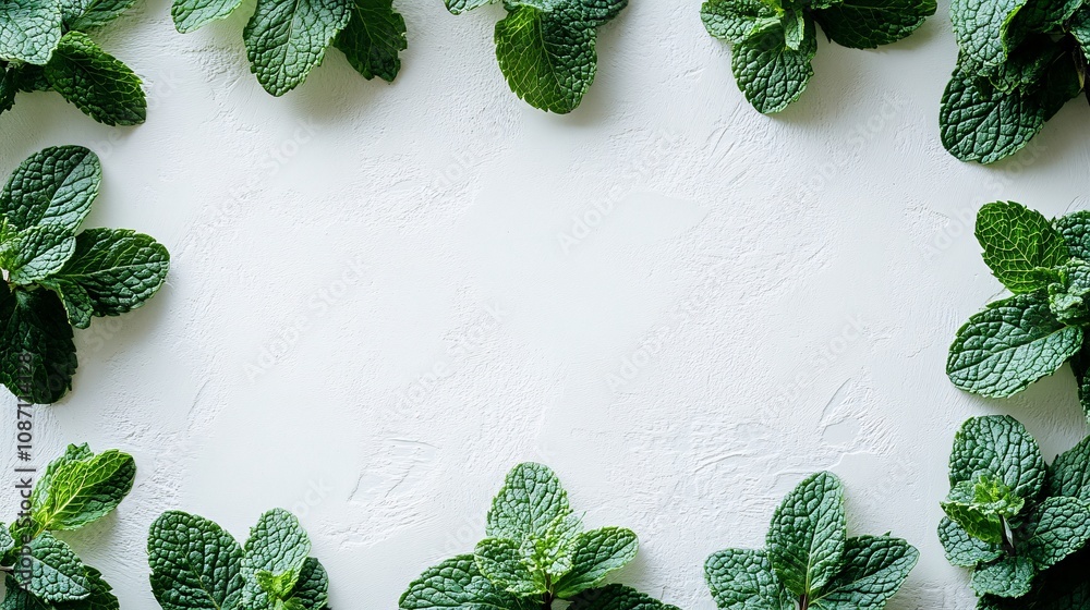 Poster Isolated on white background fresh mint sprigs clustered naturally with soft green tones and vibrant freshness and side empty space for text Stockphoto style