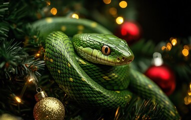 Fototapeta premium green snake cozy christmas background 