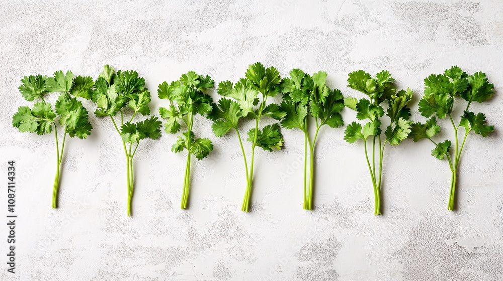 Poster isolated on white background delicate cilantro sprigs arranged symmetrically for an airy composition