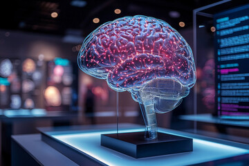 sci fi inspired brain model holographic elements highlights technological innovations brain augmentation set neuro medical museum featuring ambient lighting and informative panels.