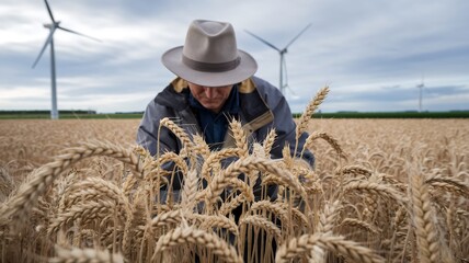 Obraz premium A man checks the crops in the field and the Wind turbine at the back 3d illustration image, windmill a green energy generation process.