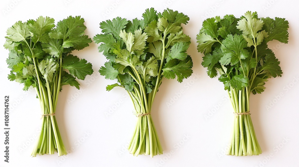 Aufkleber isolated on white background delicate cilantro sprigs arranged symmetrically for an airy composition