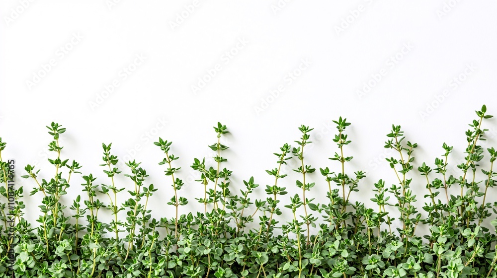 Poster Isolated on white background multiple thyme sprigs placed diagonally to create an organic flow and side empty space for text Stockphoto style