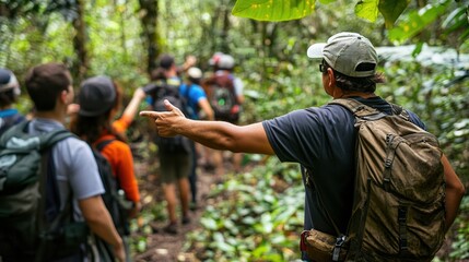 Naklejka premium A jungle trekking guide pointing out wildlife, while the group explores the lush environment.