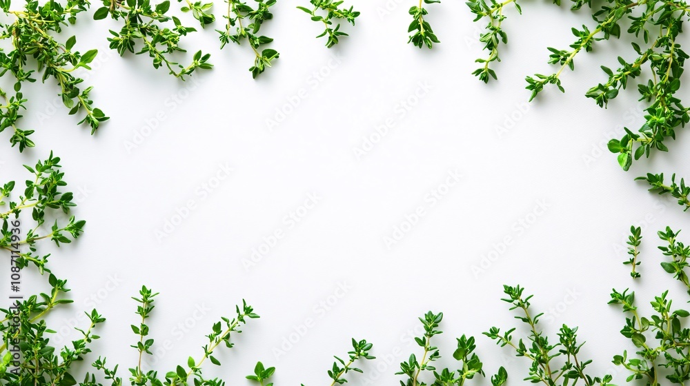 Poster Isolated on white background multiple thyme sprigs placed diagonally to create an organic flow and side empty space for text Stockphoto style