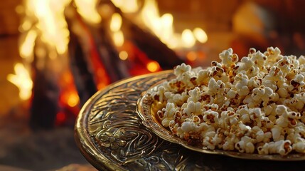 A festive close-up of Lohri treats like gajak and popcorn arranged on a decorative plate near a glowing bonfire capturing the cultural richness and joy of this Punjabi celebration