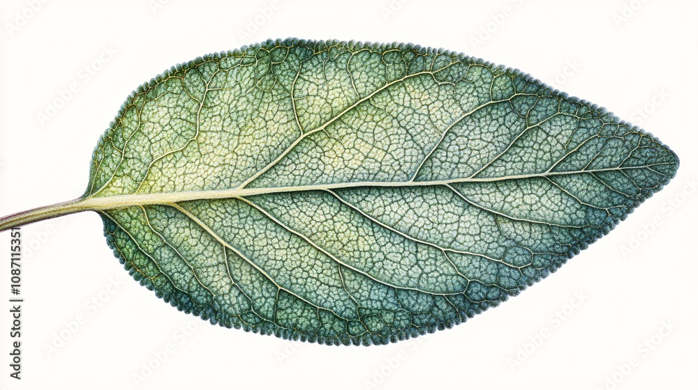 Poster Isolated on white background single sage leaf with its velvety surface facing upwards emphasizing texture and side empty space for text Stockphoto style