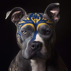 A portrait of a grey and white pit bull dog with blue and yellow paint markings on its face, looking directly at the camera.