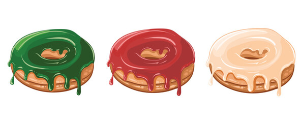 Set of Christmas donut. Xmas sweet pastry in New Year colors with drops of glaze. Isolated traditional holiday sweet bakery. Vector illustration.