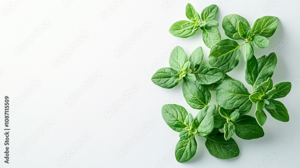 Poster Isolated on white background marjoram sprigs with small clustered leaves placed in a clean linear arrangement and side empty space for text Stockphoto style