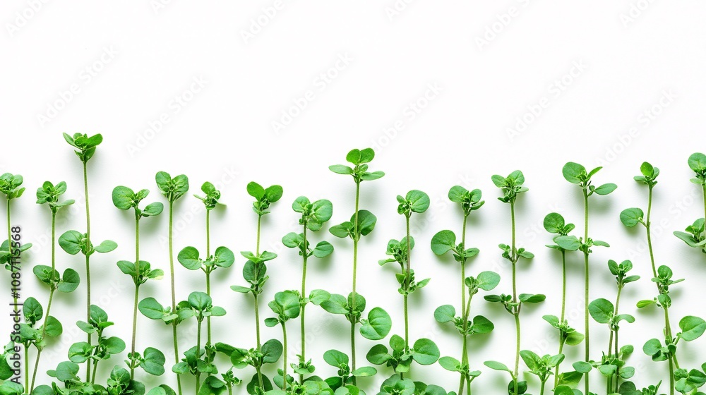 Poster Isolated on white background marjoram sprigs with small clustered leaves placed in a clean linear arrangement and side empty space for text Stockphoto style