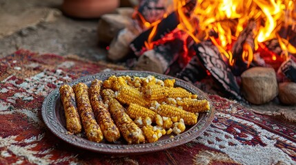 A beautifully decorated plate filled with Lohri festival snacks such as gajak and roasted corn arranged on a traditional rug next to a bonfire flames adding a warm glow to the setting
