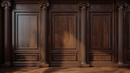 Close-up of premium luxury wooden paneling with ornate columns and warm lighting. Classic interior design perfect for elegance and sophistication concepts.