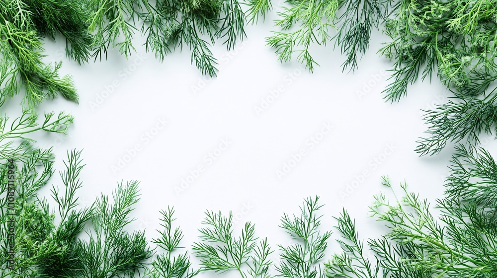 Poster Isolated on white background dill sprigs fanned out delicately with a focus on their soft feathery leaves and side empty space for text Stockphoto style