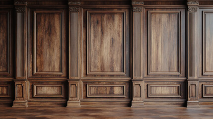 Close-up of premium luxury wooden paneling with ornate columns and warm lighting. Classic interior design perfect for elegance and sophistication concepts.