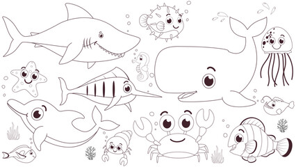 Black and white underwater animals cartoon coloring pages