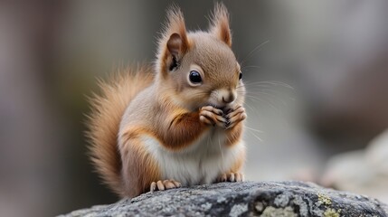 Obraz premium Red squirrel eating nut while perched on grey rock with soft blurred autumn background, copy space