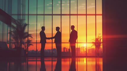 Businessmen in formal attire shaking hands during sunset in modern office, showcasing collaboration and partnership. silhouettes create powerful emotional expression of unity and success