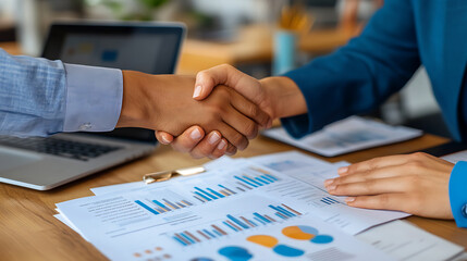Close up of hands during handshake between two business professionals, symbolizing agreement and collaboration in modern office setting. background features documents and laptop, enhancing
