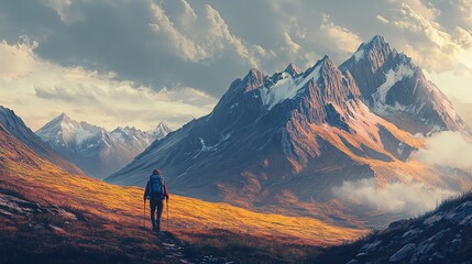 A lone adventurer hiking through a remote wilderness, surrounded by towering mountains.