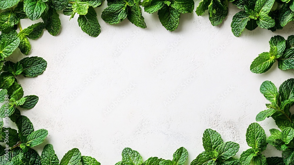 Aufkleber Isolated on white background mint leaves stacked in a slightly overlapping arrangement showcasing their vibrant tones and side empty space for text Stockphoto style